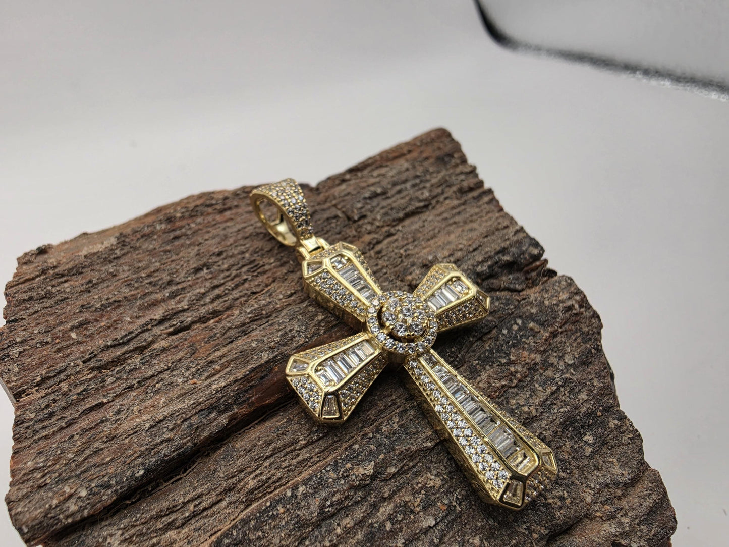 Gold Plated Sterling Silver Baguette Cross Pendant | Round Halo Center | Stepped Tips | 1.5"