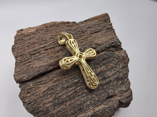 Gold Plated Sterling Silver Cross Pendant | Tubular CZ Pave Arms | Medallion Tips | 1.25"