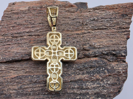 Gold Plated Sterling Silver Geometric Cross Pendant | 3D Faceted CZ Pave | 1.25"