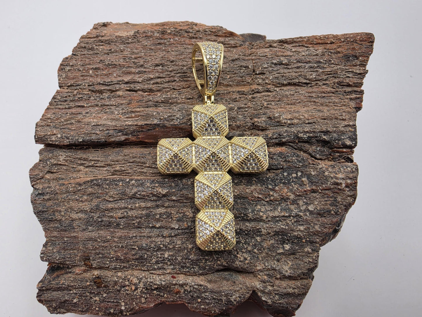 Gold Plated Sterling Silver Geometric Cross Pendant | 3D Faceted CZ Pave | 1.25"