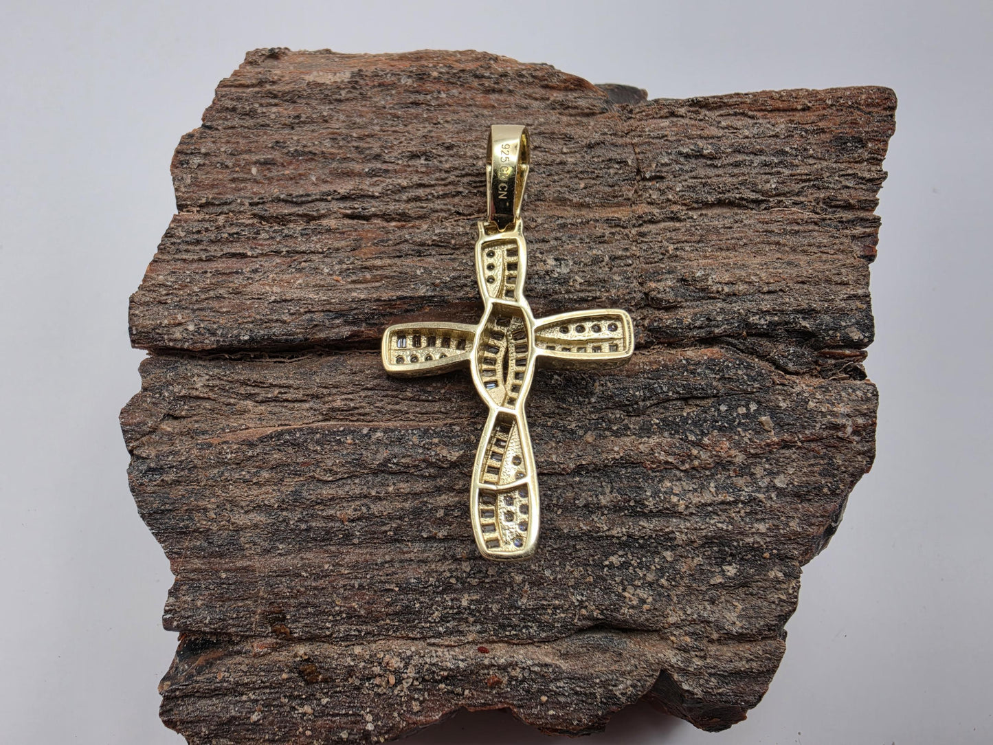 Gold Plated Sterling Silver Baguette Cross Pendant | Pave CZ Border | 1.5" Iced Cross
