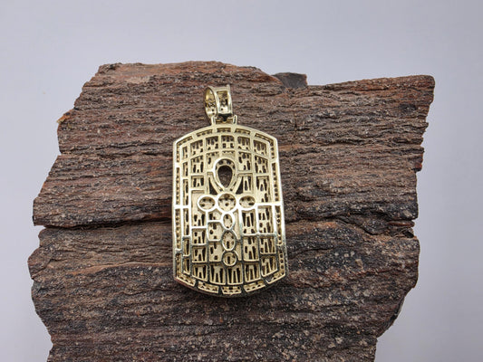 Gold Plated Sterling Silver Iced Dog Tag Pendant | Baguette CZ | Ankh Cross | 1.5"