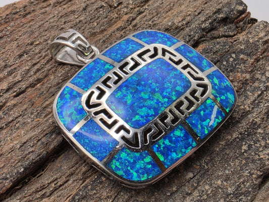 925 Sterling Silver Blue Opal Pendant | Greek Key Border | Large 1.25" Statement Piece