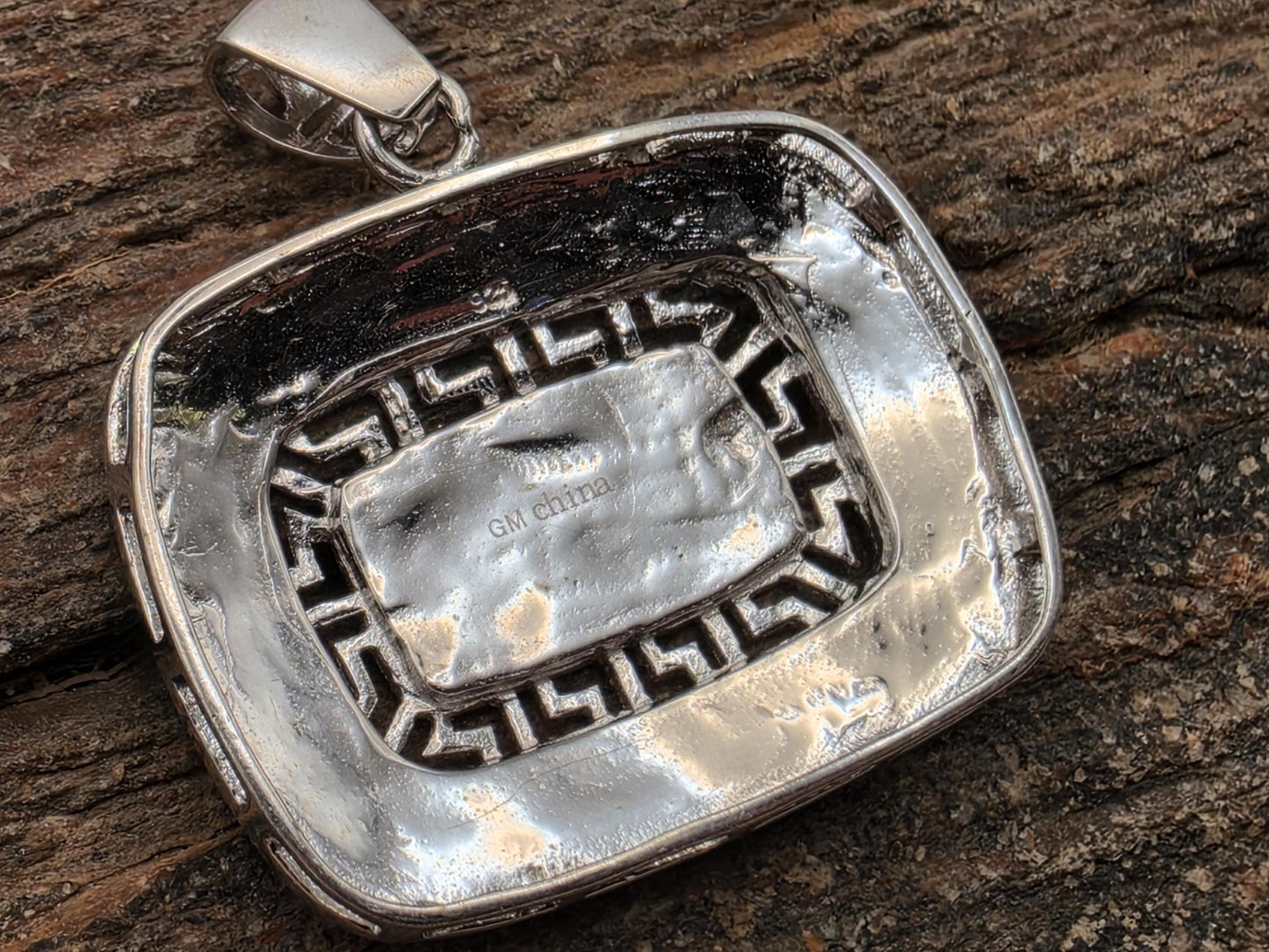 925 Sterling Silver Blue Opal Pendant | Greek Key Border | Large 1.25" Statement Piece