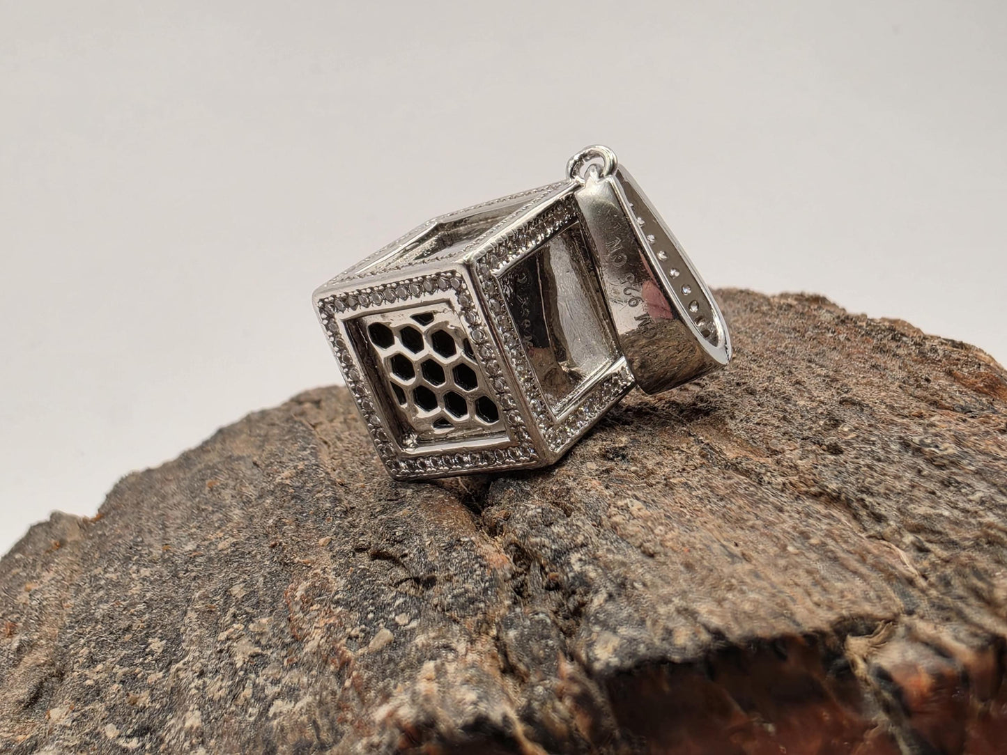 925 Sterling Silver Cube Pendant | CZ Inlay | Milgrain Border | Heavy 18g