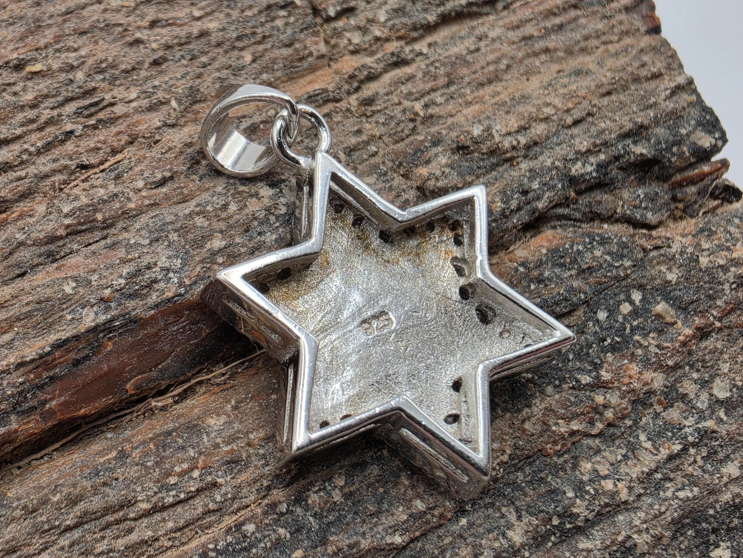 Sterling silver Star of David pendant with blue opal inlay and CZ border, bail included