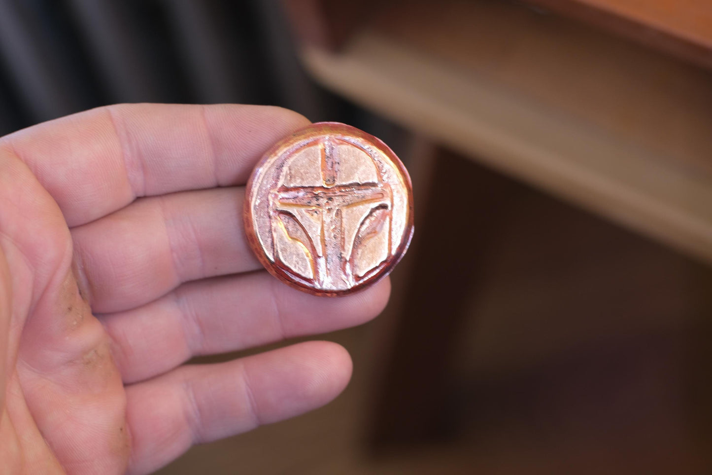Hand Poured Solid Copper Helmet Token | Polished Finish | 60.12g | Sci-Fi Inspired Copper Coin
