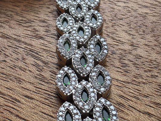 Sterling Silver CZ & Emerald Green Marquise Link Tennis Bracelet — 7.5 Inch Statement Bracelet — 33g 925 Silver — Bridal, Anniversary Gift
