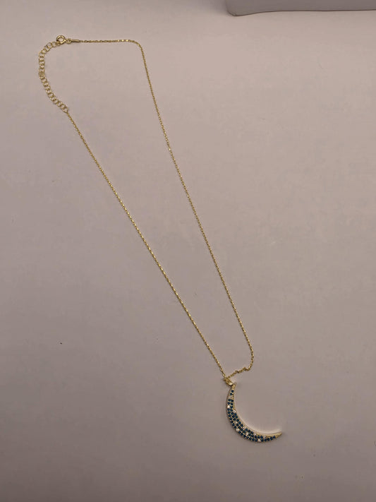 Gold Plated Blue CZ Crescent Moon Necklace | 925 Silver | 18 Inch Cable Chain | Pave Moon Pendant | 1.25 Inch | Layering Necklace
