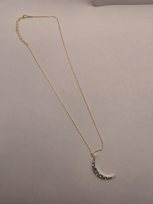 Gold Plated Blue CZ Crescent Moon Necklace | 925 Silver | 18 Inch Cable Chain | Pave Moon Pendant | 1.25 Inch