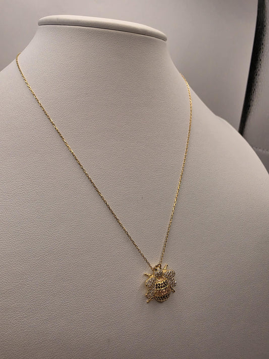 Gold Plated CZ Pave Bumblebee Pendant Necklace | 925 Silver | 17 Inch Cable Chain | .5 Inch Bee Charm