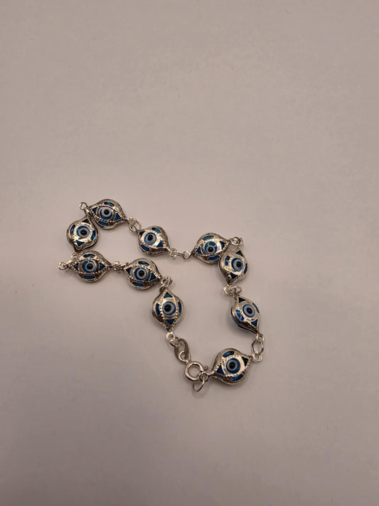 925 Sterling Silver Evil Eye Chain Bracelet | 8mm Beads | 7.5" | Protection Jewelry | Blue Enamel | Nazar | Boho | Gift for Her