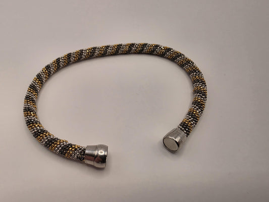925 Sterling Silver Tri-Color Beaded Tube Bracelet | 7.5" | 4.75mm | Gold Silver Black | Magnetic Clasp | Stacking | Gift for Her