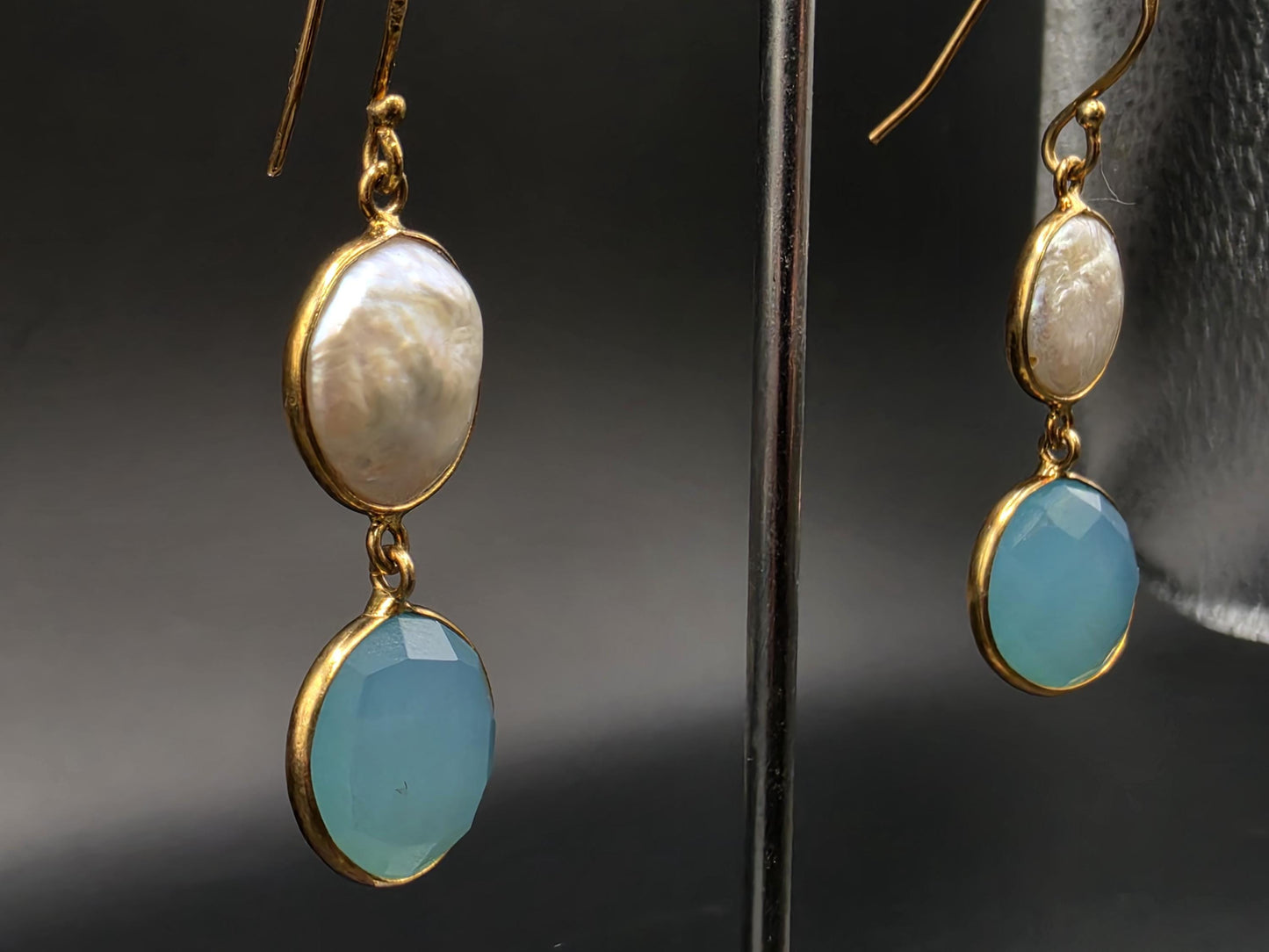 Gold Plated Sterling Silver Double Drop Earrings Blue Chalcedony and Mother of Pearl