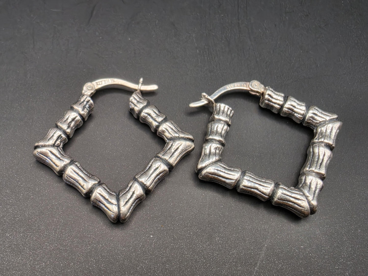 Sterling Silver Bamboo Textured Square Hoop Earrings 1 Inch