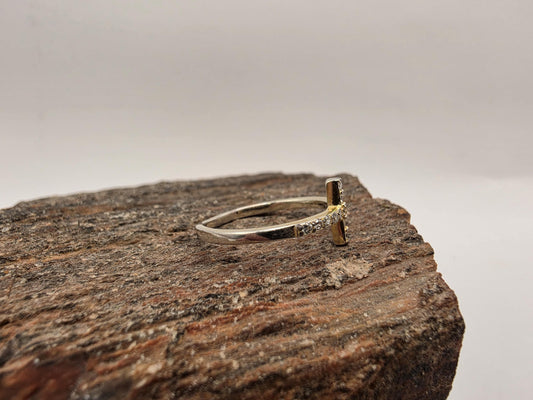 Gold Plated Sterling Silver CZ Sideways Cross Ring Size 7 Dainty Cubic Zirconia Band 925 Women's Faith Ring