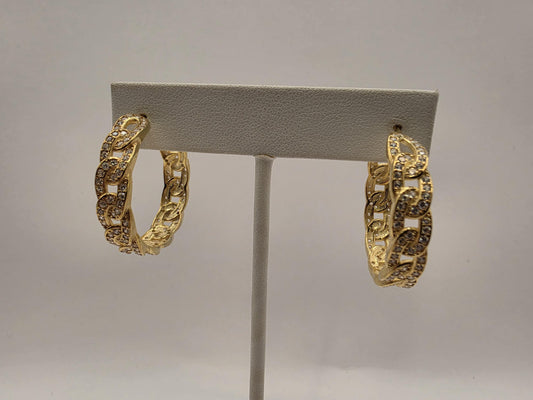 Gold Plated Sterling Silver Pave CZ Cuban Link Hoop Earrings 32mm Half Hoop Iced Out 925 Womens 11.4g
