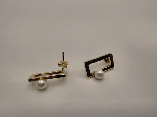 Gold Plated Sterling Silver Open Rectangle Pearl Stud Earrings 19mm x 6mm Modern Geometric 925 Womens 3.5g