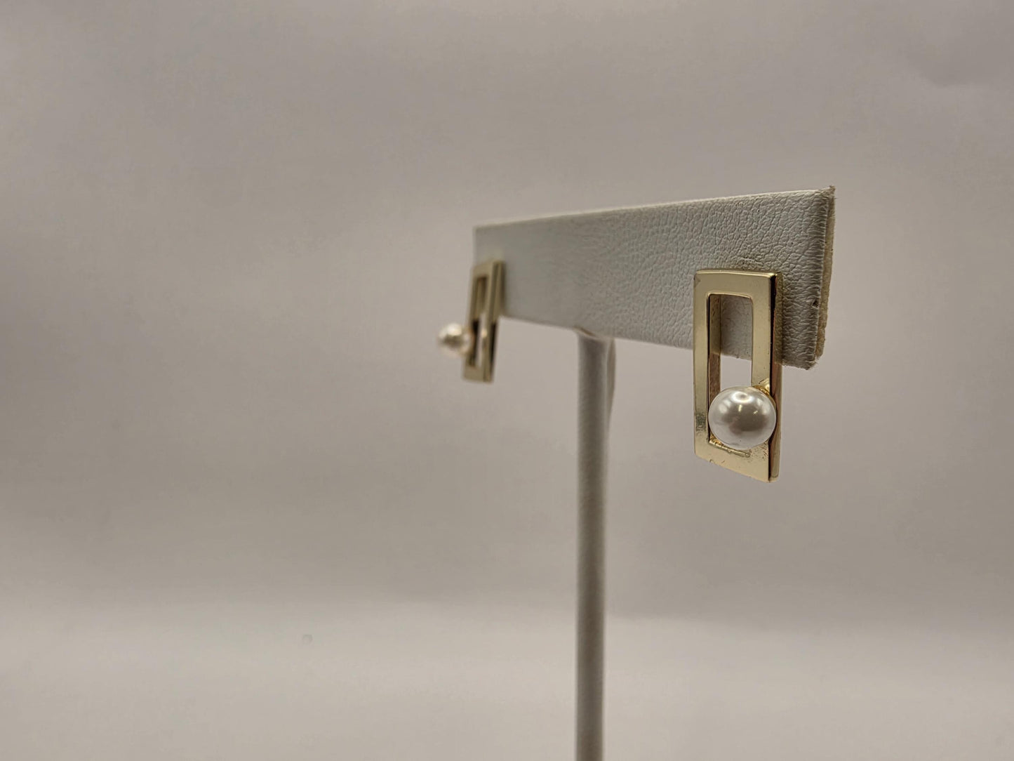 Gold Plated Sterling Silver Open Rectangle Pearl Stud Earrings 19mm x 6mm Modern Geometric 925 Womens 3.5g