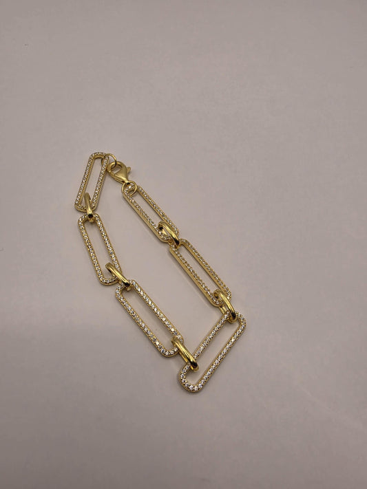 Gold Plated CZ Paperclip Link Bracelet | 7.25 Inch Pavé Crystal Rectangle Chain | Dainty Statement Bracelet