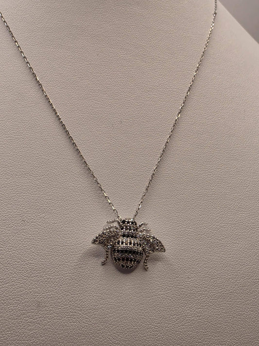 Sterling Silver Bumblebee Pendant Necklace | 925 Silver CZ | 17 Inch