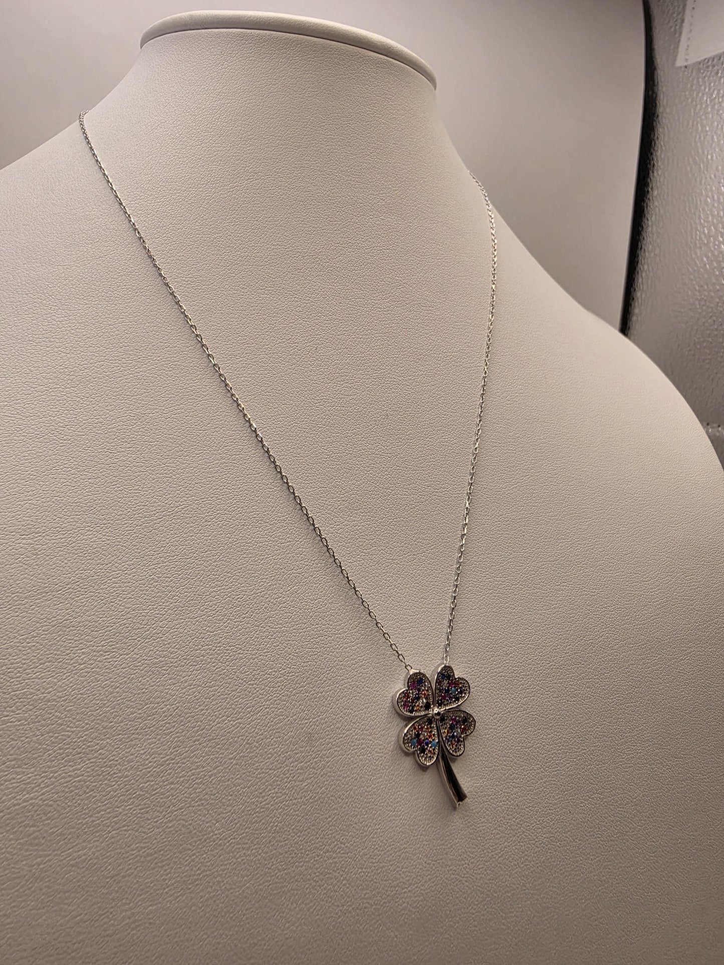 Sterling Silver Four Leaf Clover Necklace | 925 Silver CZ Pendant | 18 Inch