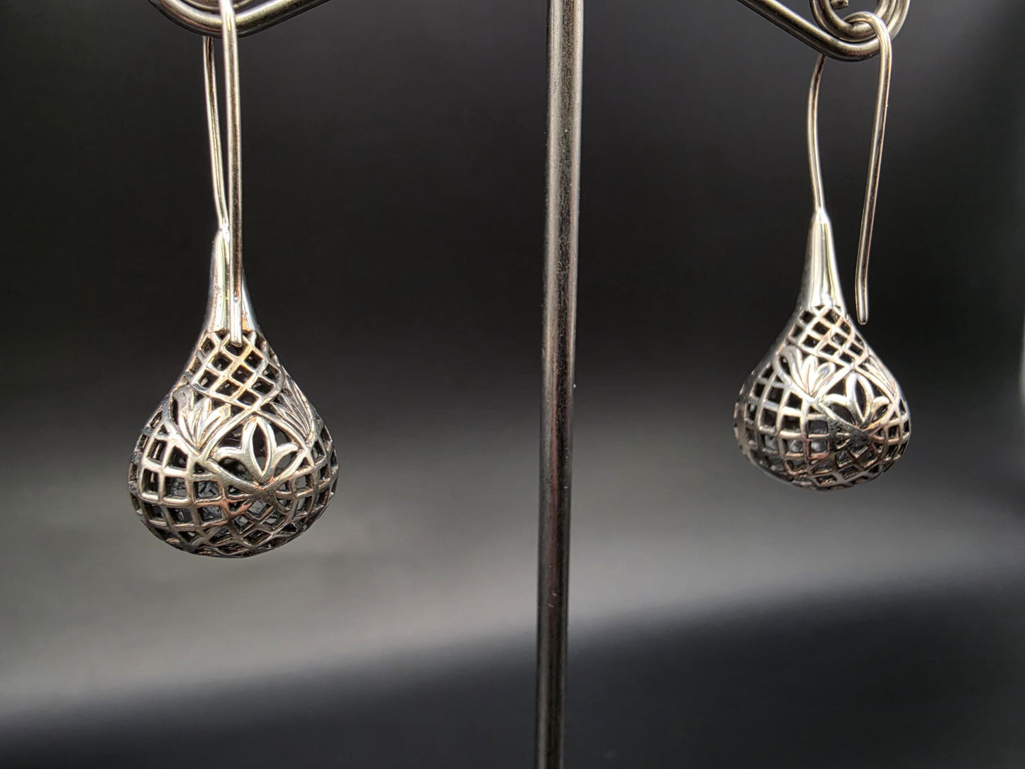 Sterling Silver Open Lattice Teardrop Dangle Earrings 1.62 Inch