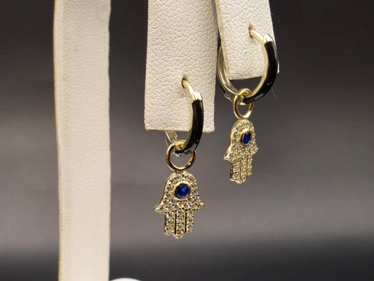 Gold Plated Sterling Silver Hamsa Hand Hoop Earrings with Blue CZ