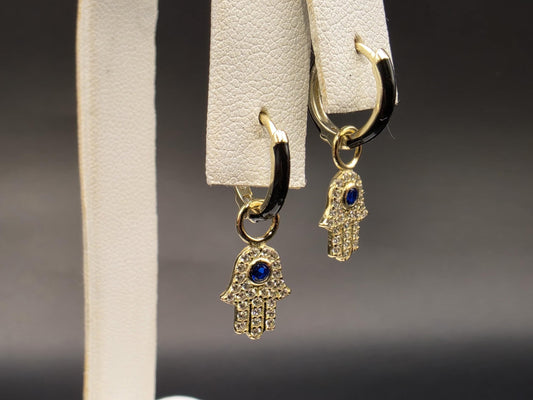 Gold Plated Sterling Silver Hamsa Hand Hoop Earrings with Blue CZ