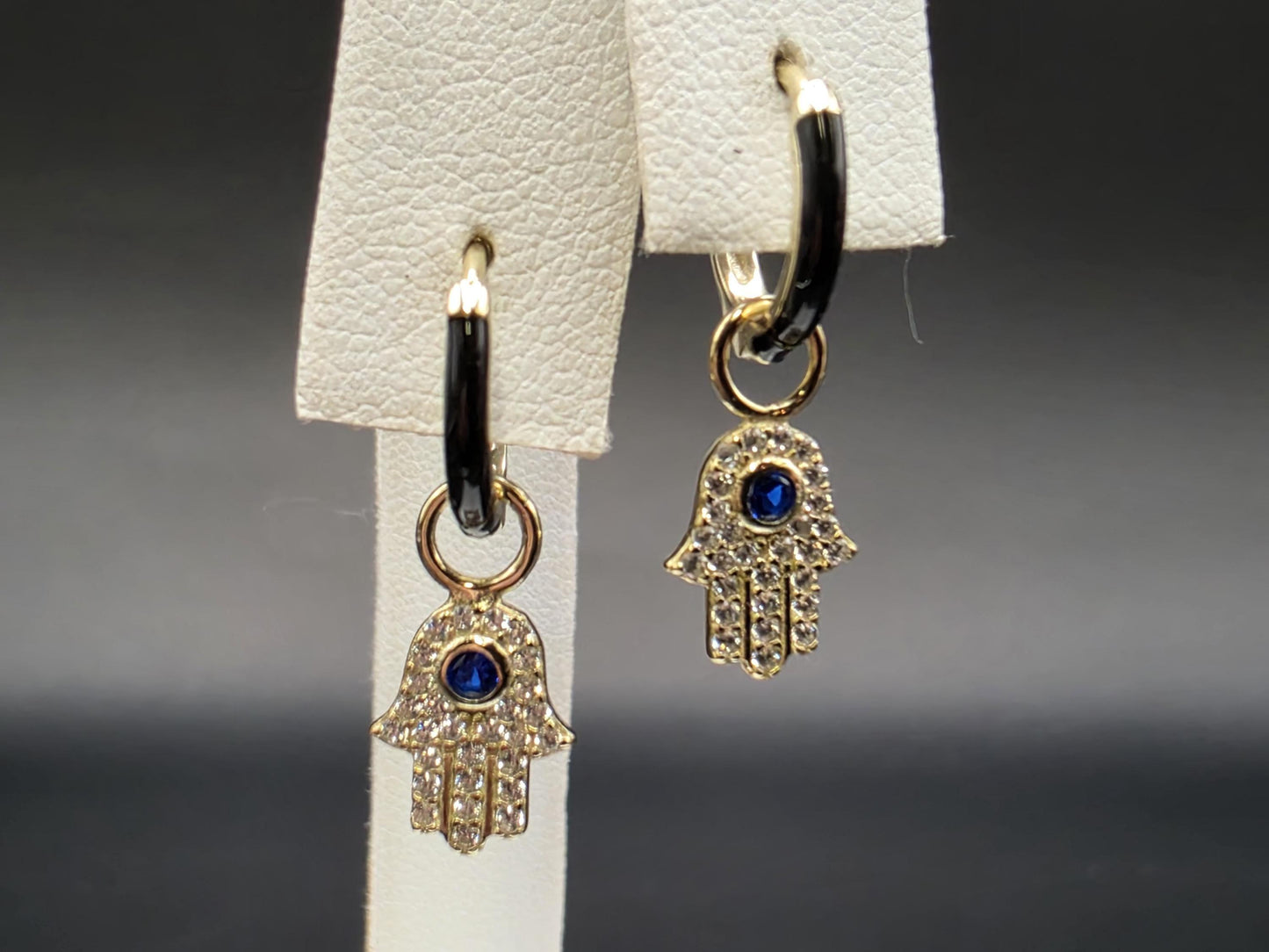 Gold Plated Sterling Silver Hamsa Hand Hoop Earrings with Blue CZ