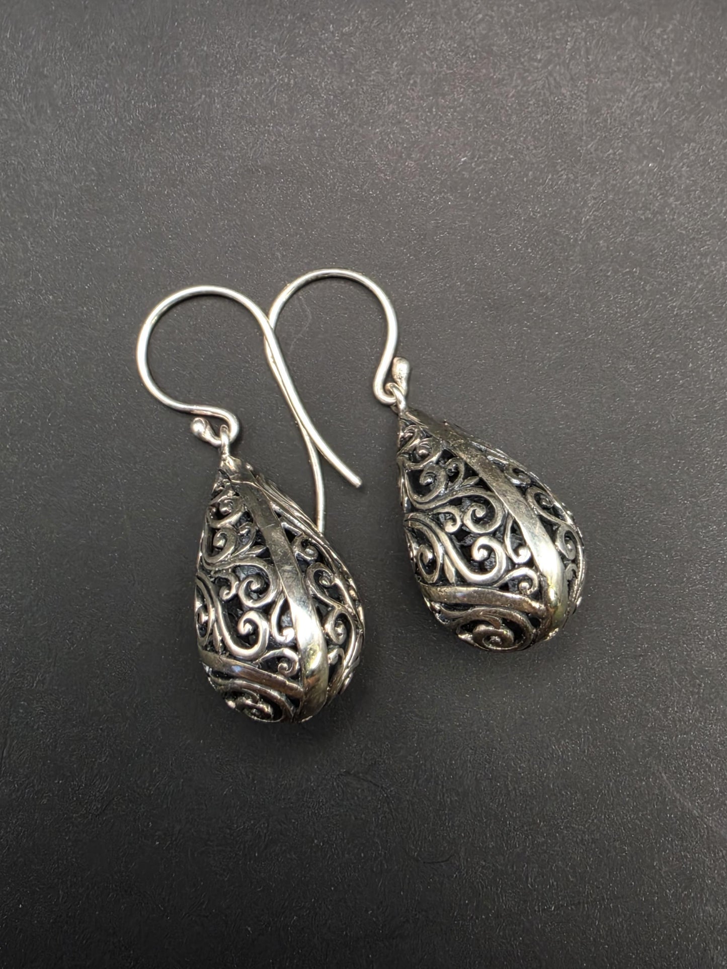 Sterling Silver Filigree Scroll Teardrop Dangle Earrings 1 Inch