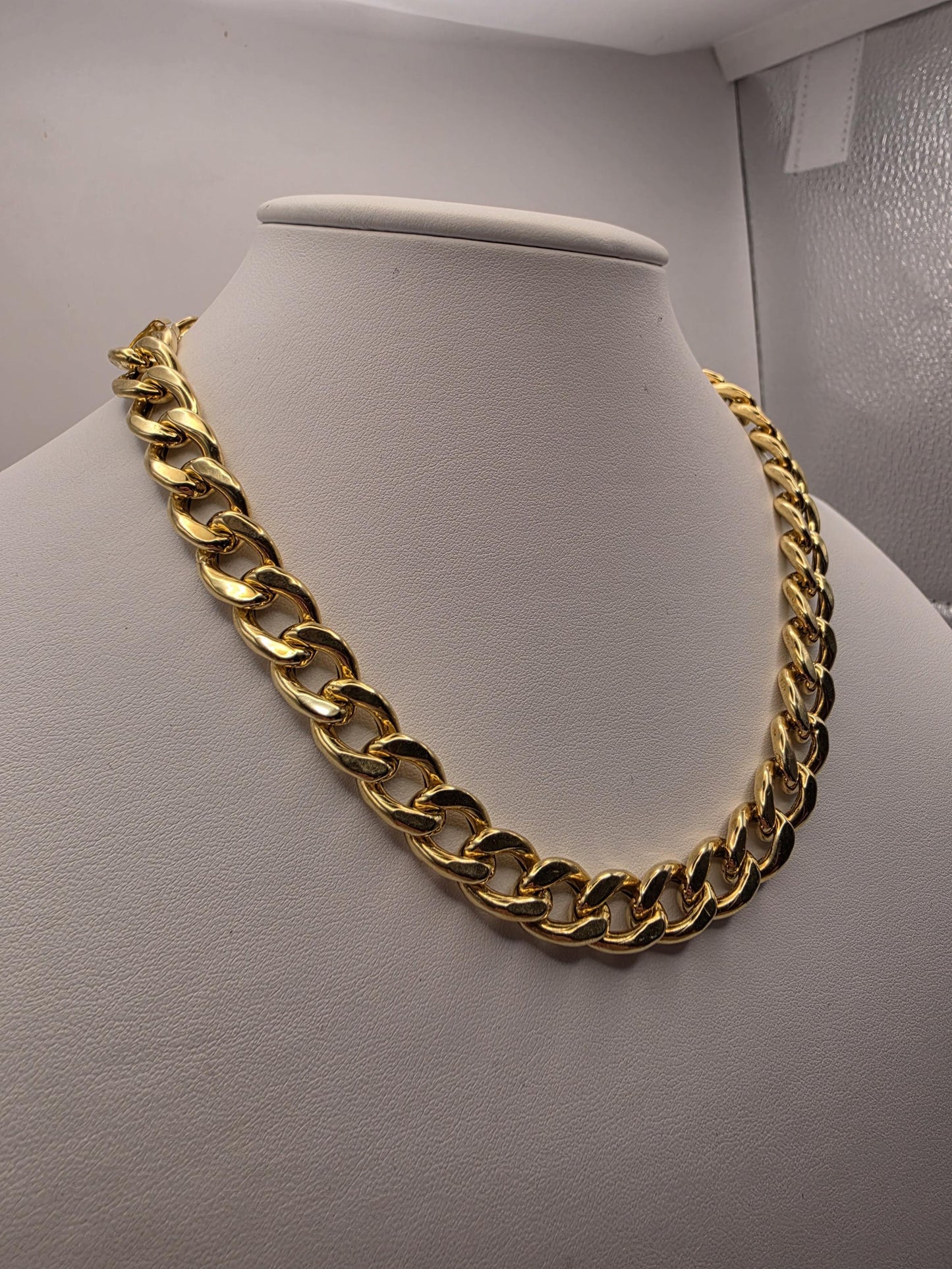 Gold Plated Sterling Silver 11mm Cuban Curb Chain Necklace 14-17 Inch Adjustable