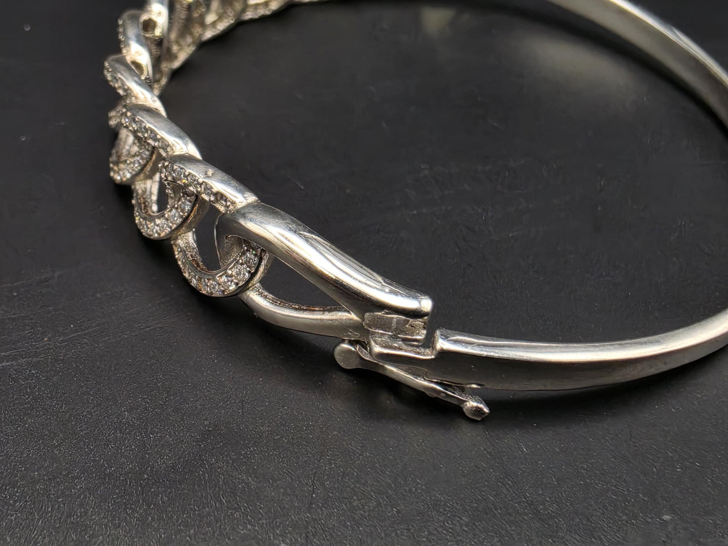 Sterling Silver Bangle Bracelet with Pave CZ Chain | 925 Silver Hinged Bangle 7 Inch