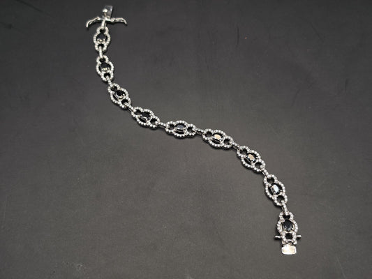 Sterling Silver Black CZ Oval Halo Tennis Bracelet | 925 Silver 7.5 Inch