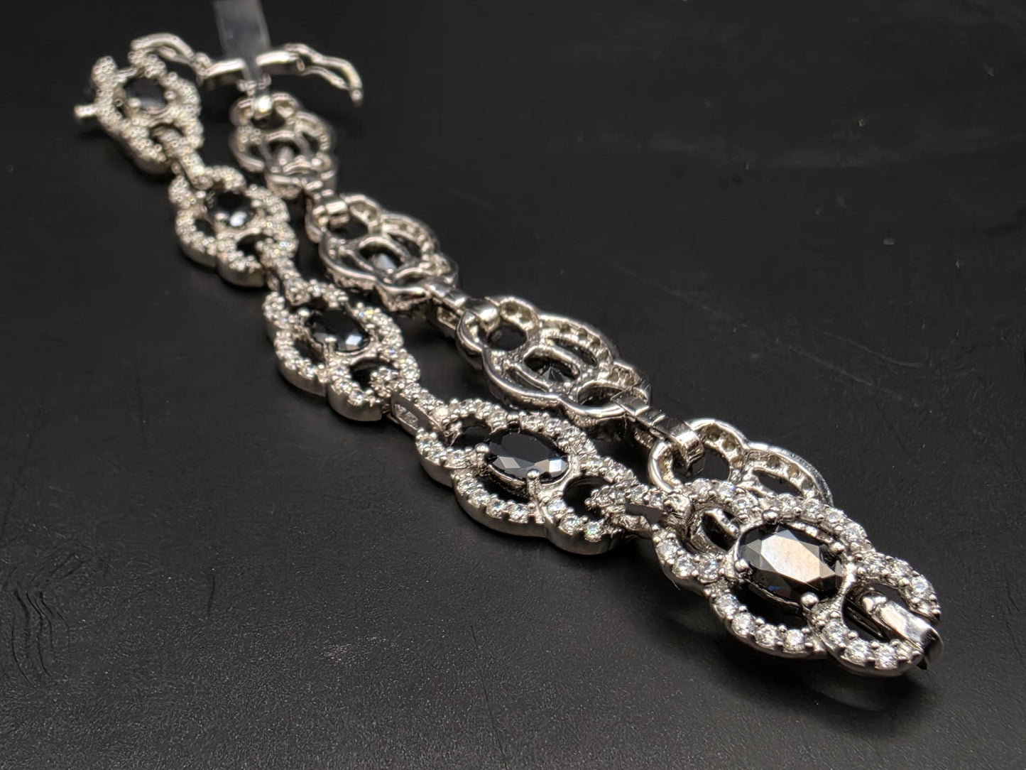Sterling Silver Black CZ Oval Halo Tennis Bracelet | 925 Silver 7.5 Inch