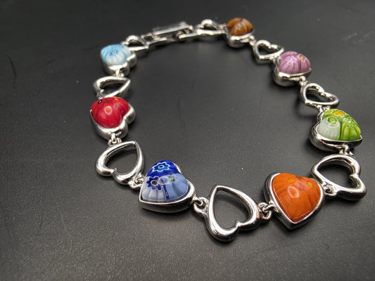 Sterling Silver Millefiori Heart Bead Bracelet | 925 Silver Multicolor Glass Heart Bracelet 7 Inch