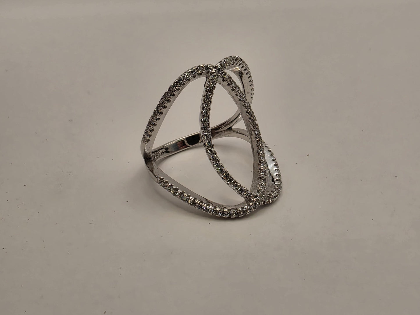Sterling Silver CZ Orbit Crossover Ring Size 8 Open Double Loop Statement 925 Women 4.1g