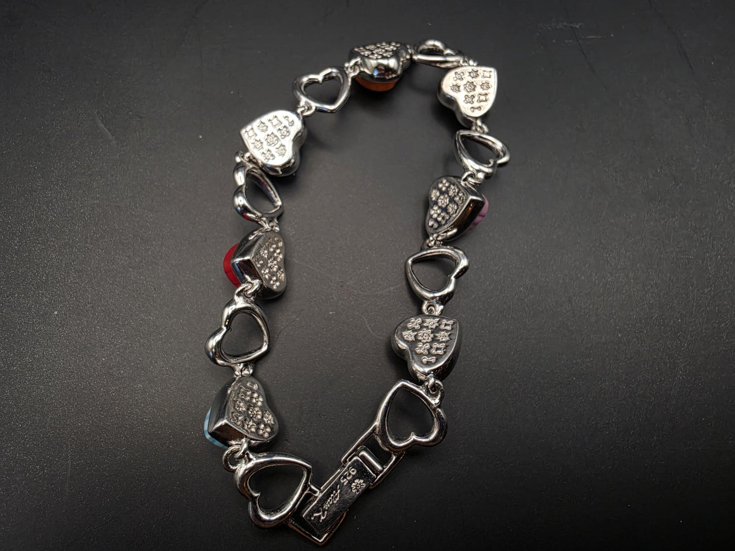 Sterling Silver Millefiori Heart Bead Bracelet | 925 Silver Multicolor Glass Heart Bracelet 7 Inch