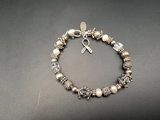 Sterling Silver Mixed Bead Charm Bracelet | 925 Silver Pearl Crystal Bead Bracelet 7.25 Inch