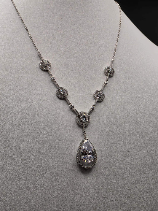 Sterling Silver CZ Teardrop Drop Necklace | 925 Silver Pendant Necklace 18 Inch