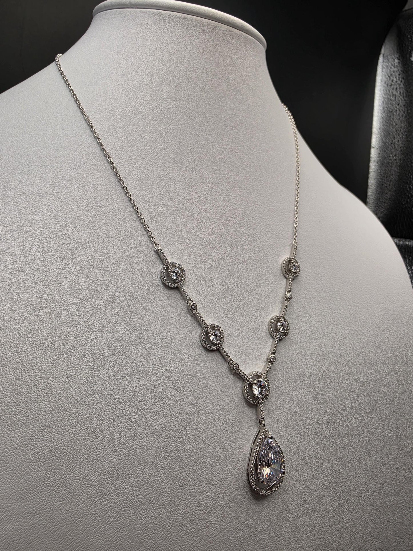 Sterling Silver CZ Teardrop Drop Necklace | 925 Silver Pendant Necklace 18 Inch