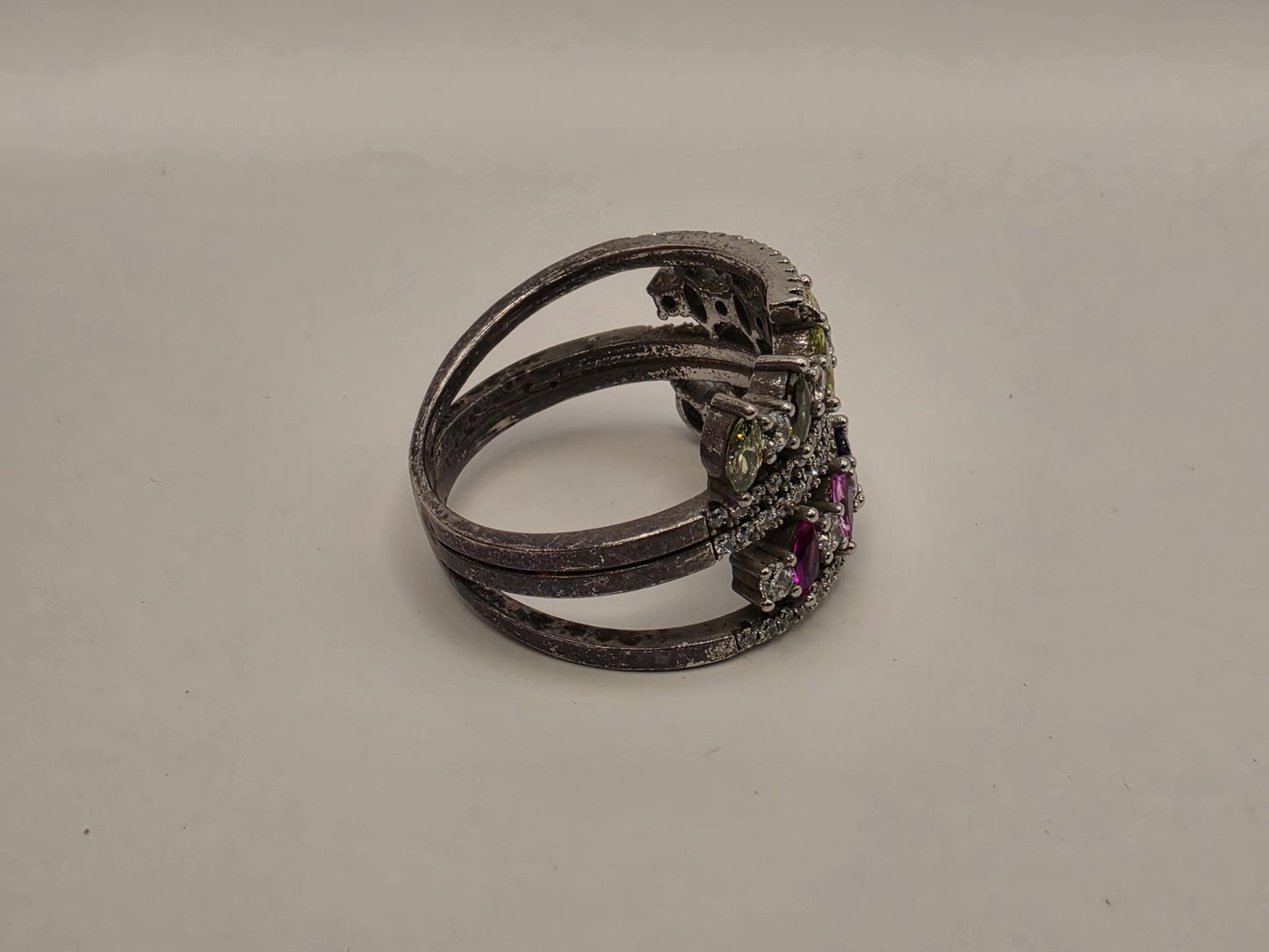 Sterling Silver Multicolor CZ Multi Row Band Ring Size 8 Rainbow Statement 925 Women 7.2g