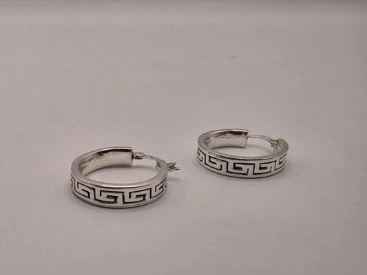 Sterling Silver Greek Key Hoop Earrings | 925 Silver Pattern Hoops 24mm