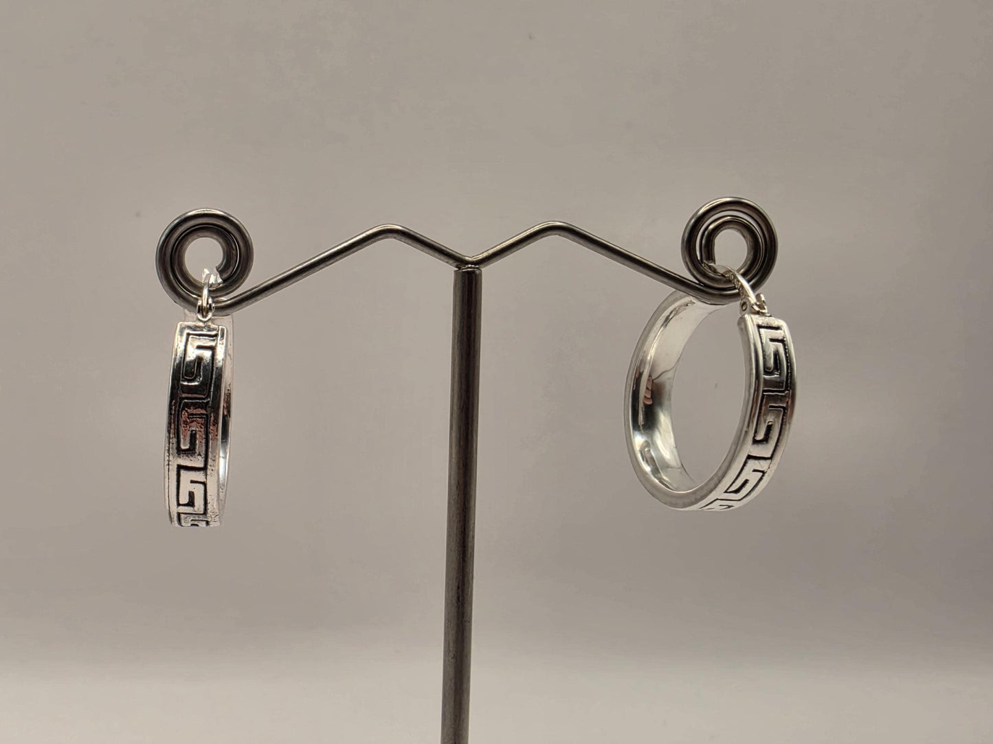 Sterling Silver Greek Key Hoop Earrings | 925 Silver Pattern Hoops 24mm