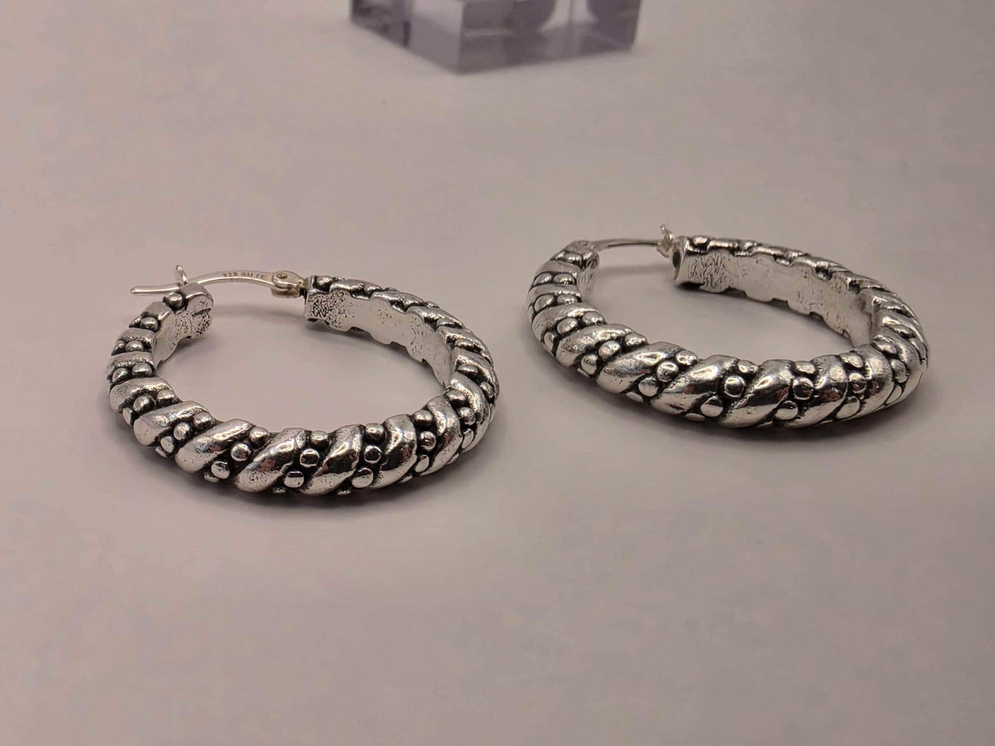 Sterling Silver Dotted Rope Hoop Earrings | 925 Silver Textured Hoops 30mm