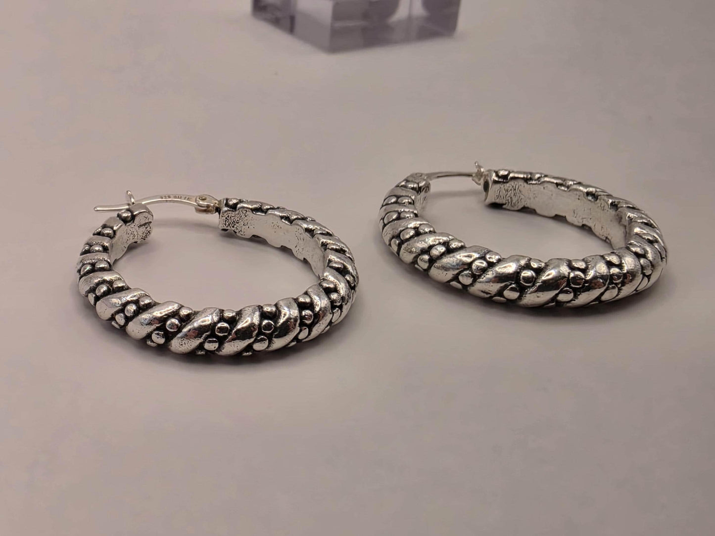 Sterling Silver Dotted Rope Hoop Earrings | 925 Silver Textured Hoops 30mm