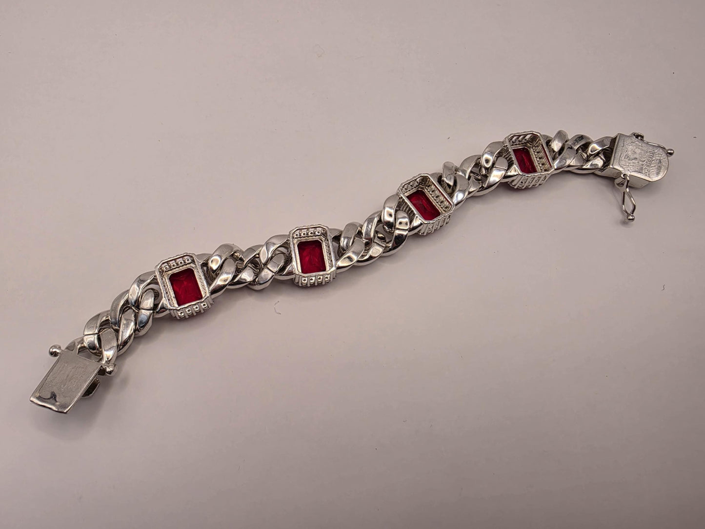 Sterling Silver Cuban Link Red CZ Bracelet | 925 Silver Iced Out Statement Bracelet 9 Inch