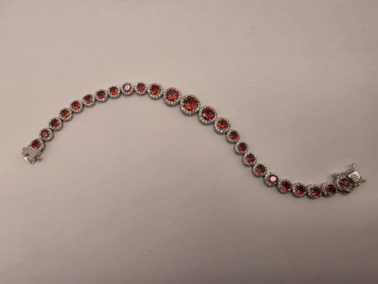 Sterling Silver Red CZ Halo Tennis Bracelet | 925 Silver Graduating Stone Bracelet 7.75 Inch