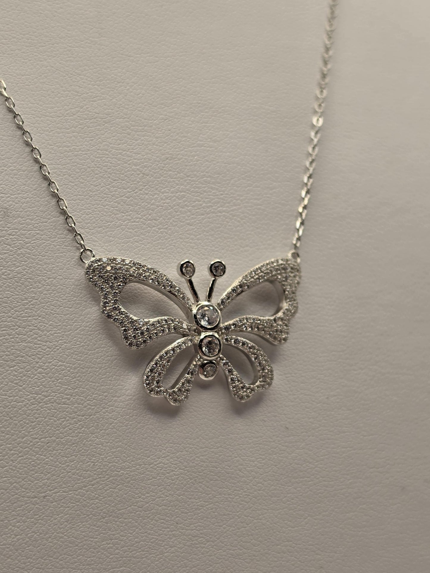 Sterling Silver CZ Butterfly Pendant Necklace, Open Wing Double Chain 925