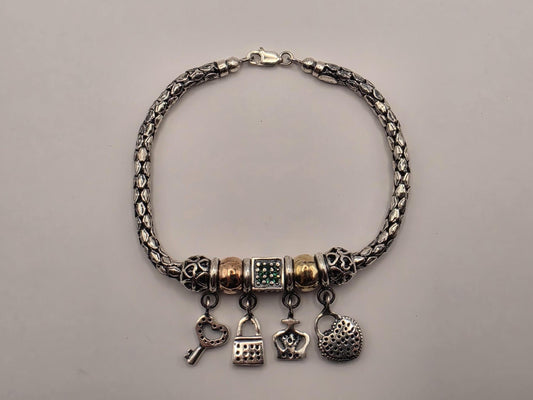 Sterling Silver Charm Bracelet, Snake Chain with Mixed Charms 925